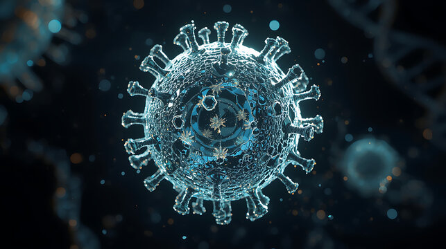 digital virus particle with illuminated rna and dna strands in scientific visualization