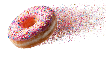 donut with sprinkles falling in motion isolated on transparent white background