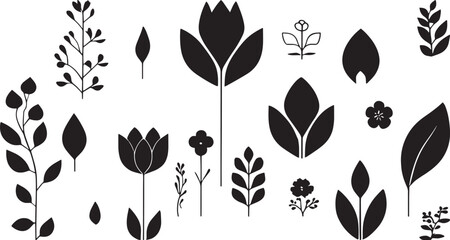 Minimalist Black Floral and Botanical Elements Vector Art Collection: Leaves, Branches, Flowers, and Silhouettes