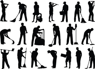 Obraz premium Janitors silhouettes, cleaning workers, maintenance staff, housekeeping team, hygiene professionals, industrial cleaners, sanitation laborers, mop broom vacuum, service occupation people vector 