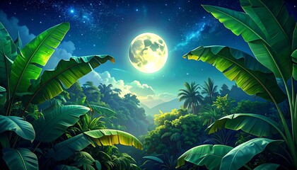 Tropical Jungle Night Moonlit Scene.