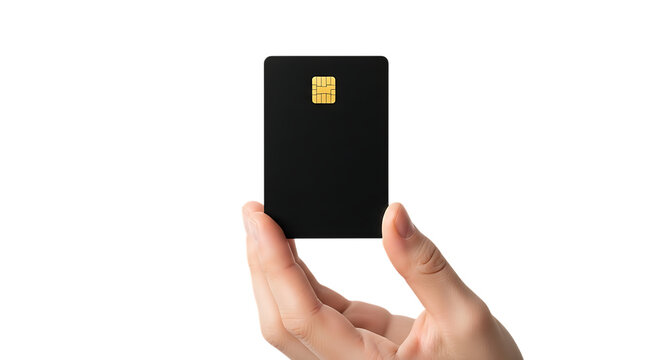 Hand holding a black credit card with chip on black background