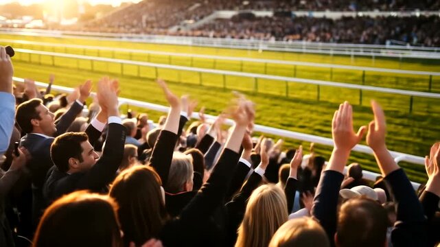 Enthusiastic crowd watches horses race during a thrilling competition.