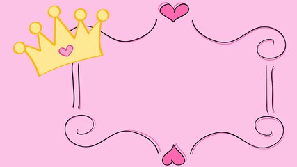 Fairytale background with a cute princess frame, hand-drawn, with a princess crown and hearts on a pink background with space for text. Template for designing invitations, cards, birthday, baby shower