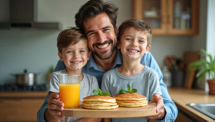 Father, two young boys smile happily in home kitchen. Proudly hold breakfast tray with stacks of golden pancakes, fresh mint leaves, refreshing glass of orange juice. Family enjoys morning meal