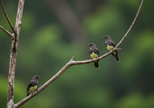 Three small birds with grey and yellow plumage perched on a bare tree branch in a lush green forest background.