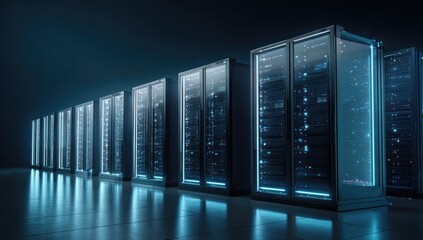 Rows of glowing server cabinets