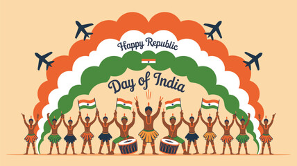 Fototapeta premium Celebrate India Republic Day with vibrant cultural parade and patriotic pride, featuring airplanes and the Indian flag in a festive design