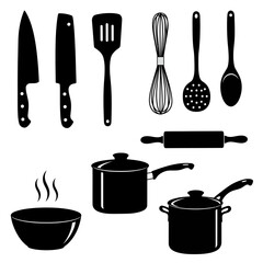 set of kitchen utensils with white background