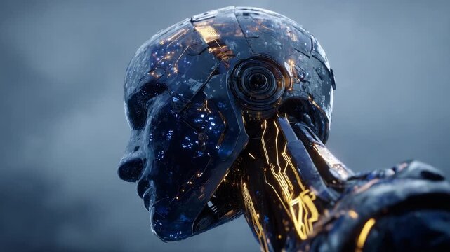 A Futuristic Cybernetic Being: Exploring the Intricate Features and Glow of a Self-Aware Robot with a Stunning Metallic Structure and Lively Light Display