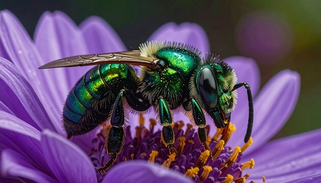 Emerald Green Bee on Purple Flower Closeup.