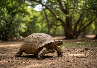 Fototapeta premium Tortoise Walking Slowly on Ground in Natural Habitat