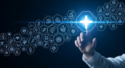 Hand Touching Digital Network of Futuristic Technology Icons.