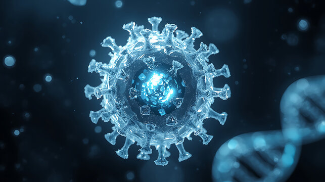 digital virus particle with illuminated rna and dna strands in scientific visualization