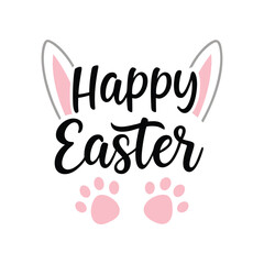 Obraz premium Vector art of happy easter text with bunny ears and paw prints
