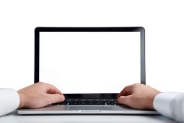 Hands typing on a laptop with blank screen, showcasing workspace setup for productivity and creativity Generative AI