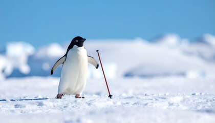 A charming Antarctic penguin stands proudly on a snowy expanse with a ski pole, looking upwards with a light blue sky backdrop