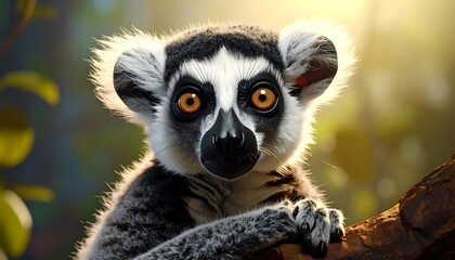 A charming, animated lemur gazes directly at the viewer with large, expressive eyes. It is set in a sunlit jungle environment