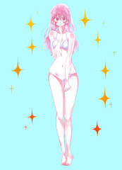 恥ずかしそうな水着の女性　キラキラ