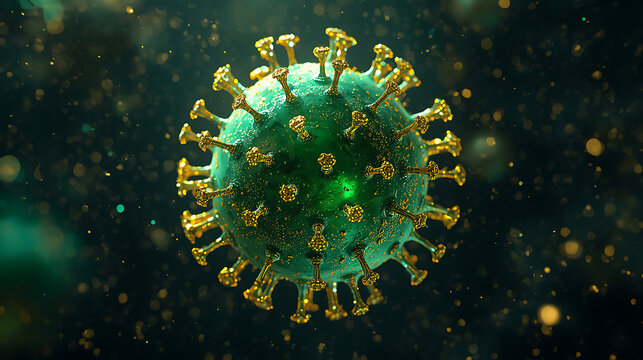 digital rendering of virus particle with spike proteins and glowing green core in dark background - Powered by Adobe