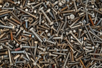 Assortment of metal fasteners, bolts, screws, and nuts, close up hardware background