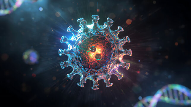 digital virus particle with illuminated rna and dna strands in scientific visualization