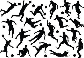 Soccer player silhouettes, football action poses vector, sportsman kicking ball illustration, athletic movement clipart, black football player design collection.