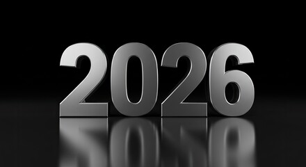 Sleek Chrome 2026 on Reflective Black Surface, Minimalist Design