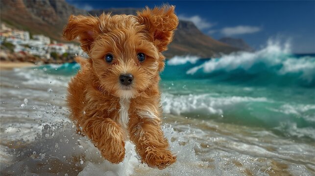 Energetic puppy's playful frolic on the sandy beach with waves crashing behind it creating joy