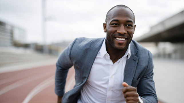 smiling african-american businessman running crossing the start line at an athletic track, - Powered by Adobe