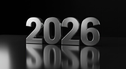 Sleek Chrome "2026" on Reflective Black Surface, Minimalist New Year Design