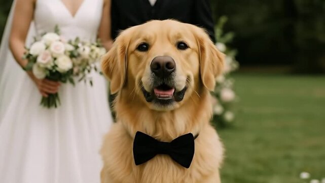 golden retriever in bow tie posing in front of wedding couple

