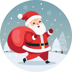 Cartoon illustration of Santa Claus walking through a snowy landscape carrying a large red sack, with snowflakes falling.