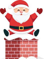 Cartoon Santa Claus cheerfully emerges from a brick chimney covered in snow, his arms raised in joyful celebration.