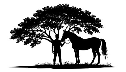 A black silhouette of a person standing beside a horse under a leafy tree, all on a white background