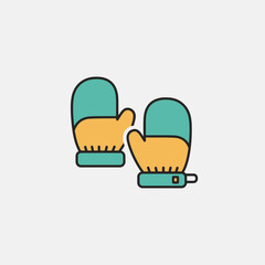 Two cartoon mittens in teal and yellow colors on a light gray background.