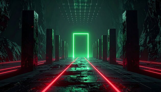 Neon Portal in Dark Cave - A Sci-Fi Tunnel Vision.