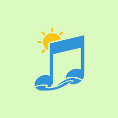 Blue music note with sun and wave on light green background.