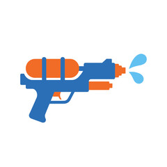Blue and orange water gun shooting water droplets on a white background.