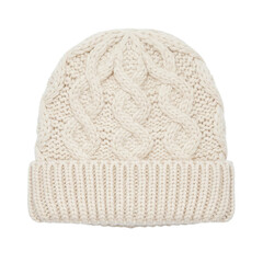 Cream colored cable knit wool beanie hat for winter
