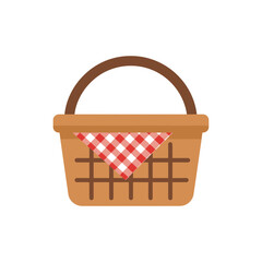 Wicker picnic basket with a red and white checkered cloth inside.