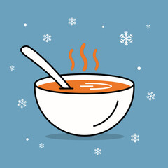Bowl of soup with spoon and steam on a blue background with snowflakes.