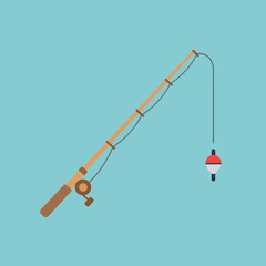 Fishing rod with line and bobber against a light blue background.