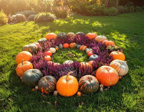 Spiral mandala made of pumpkins and heather flowers in autumnal garden.  - Powered by Adobe