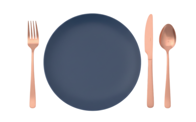 Elegant place setting with navy blue plate and rose gold cutlery