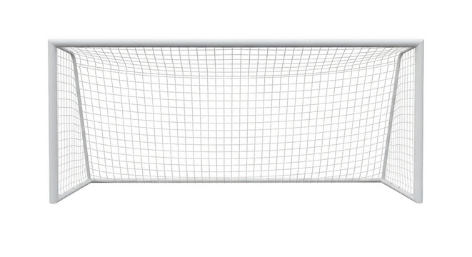 A white soccer goal net isolated on transparent background in a front view