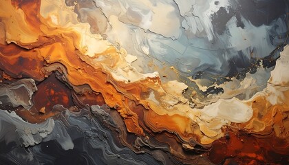 Obraz premium A dynamic, textured abstract piece with flowing layers of orange, brown, and grey hues, creating a mountainous, fluid effect with depth