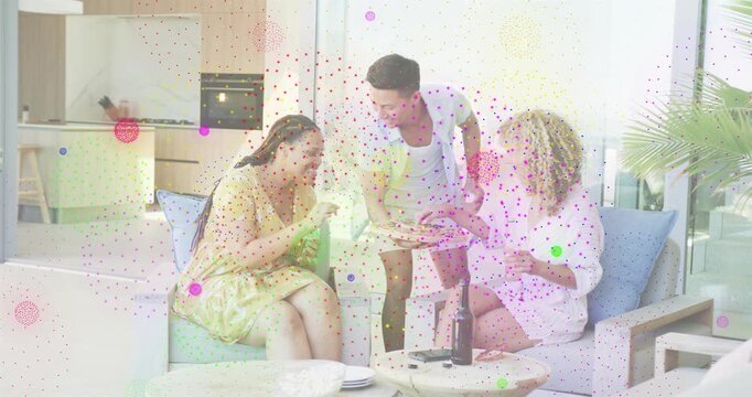 Food group pushing door guiding friends into kitchen making pizza toasting drinks and jumping pool - Powered by Adobe