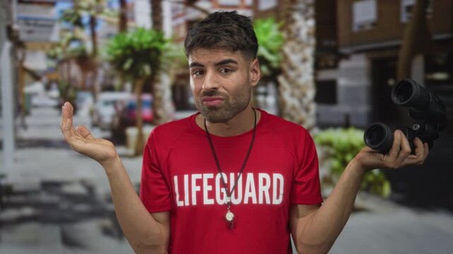 Man in red lifeguard shirt holds binoculars and shrugs on a busy city street under sunlight; confusion.