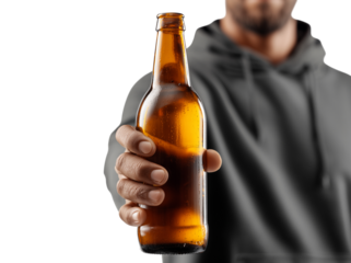 Man in grey hoodie offers a cold beverage in a well-lit studio setting with a neutral background Generative AI